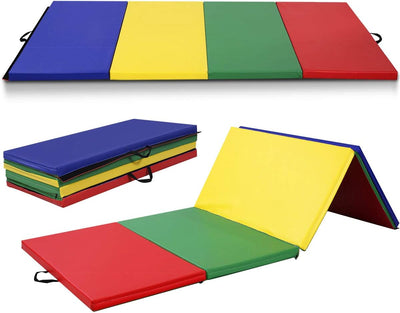 4'X10'X 2" Gymnastics Mat, 4-Panel Folding Aerobics Exercise Mat W/Hook & Loop Fastener, Carrying Handle, Portable Tumbling Mat for Stretching Yoga Cheerleading Martial Arts