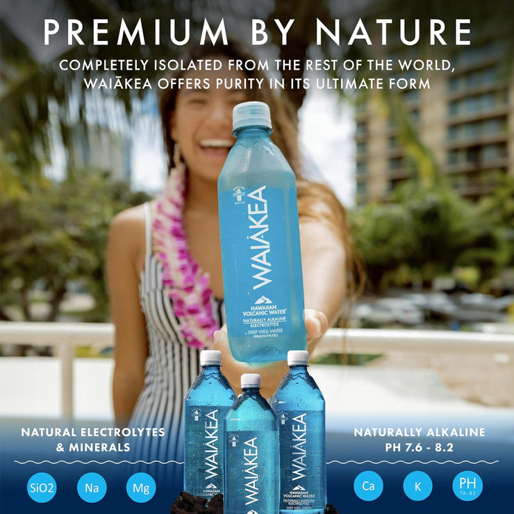 Waiākea - Hawaiian Volcanic Water - Naturally Alkaline Water - Ph Range 7.6 to 8.2 - All Natural Minerals & Electrolytes - 100% Recycled Water Bottles - Bottled Water 24 Pack - 16.9 Fl Oz, 500 Ml